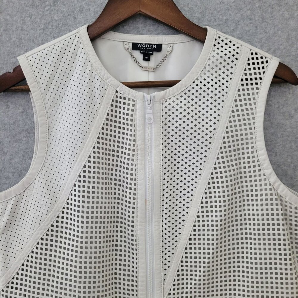 Worth New York Genuine Leather Zip Front Vest Size 10 White Perforated Moto - Picture 4 of 8